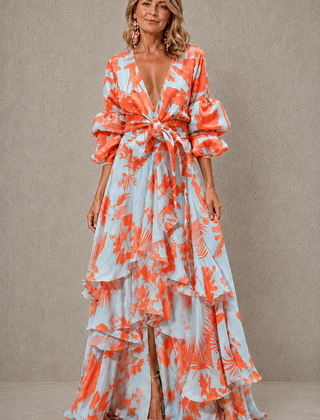 Orange tiered floral maxi dress with bow belt