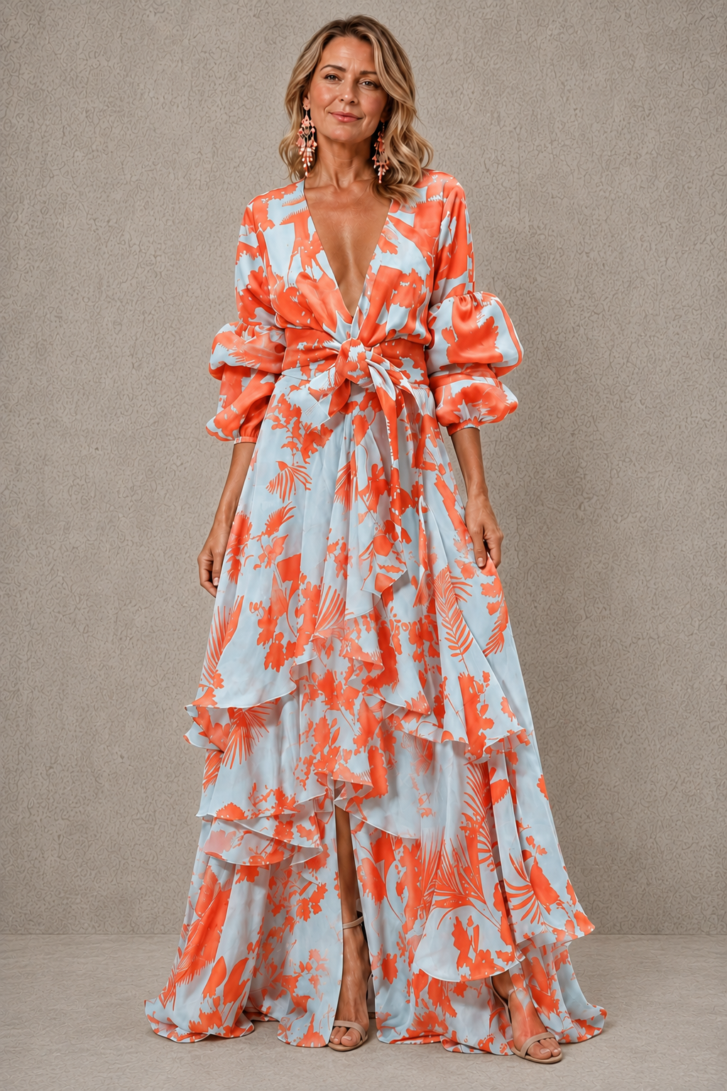 Orange tiered floral maxi dress with bow belt
