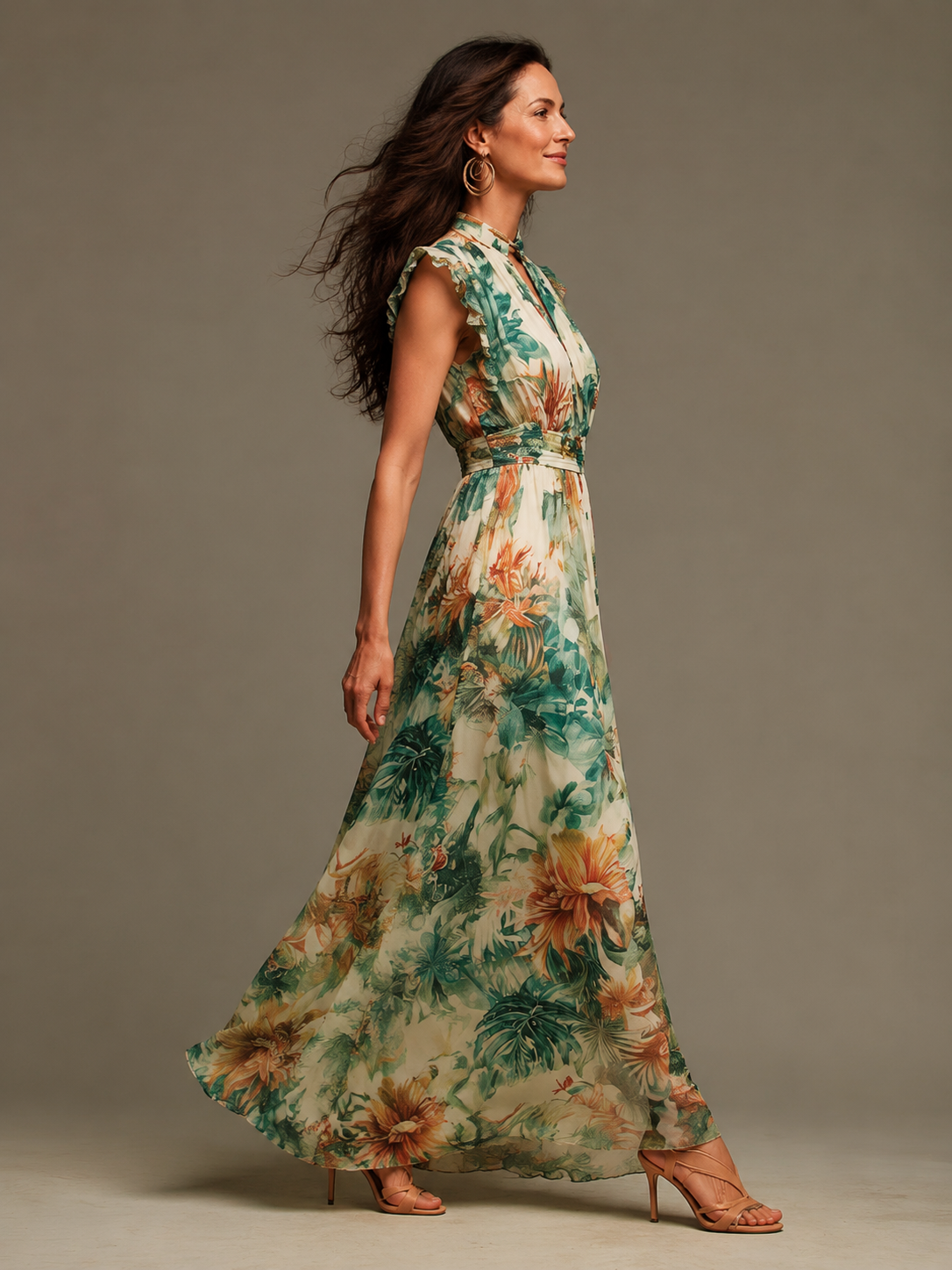 Painted tropical print maxi dress full length