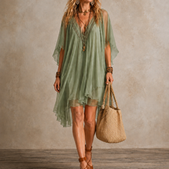 Green tiered boho mini dress with flowing layers