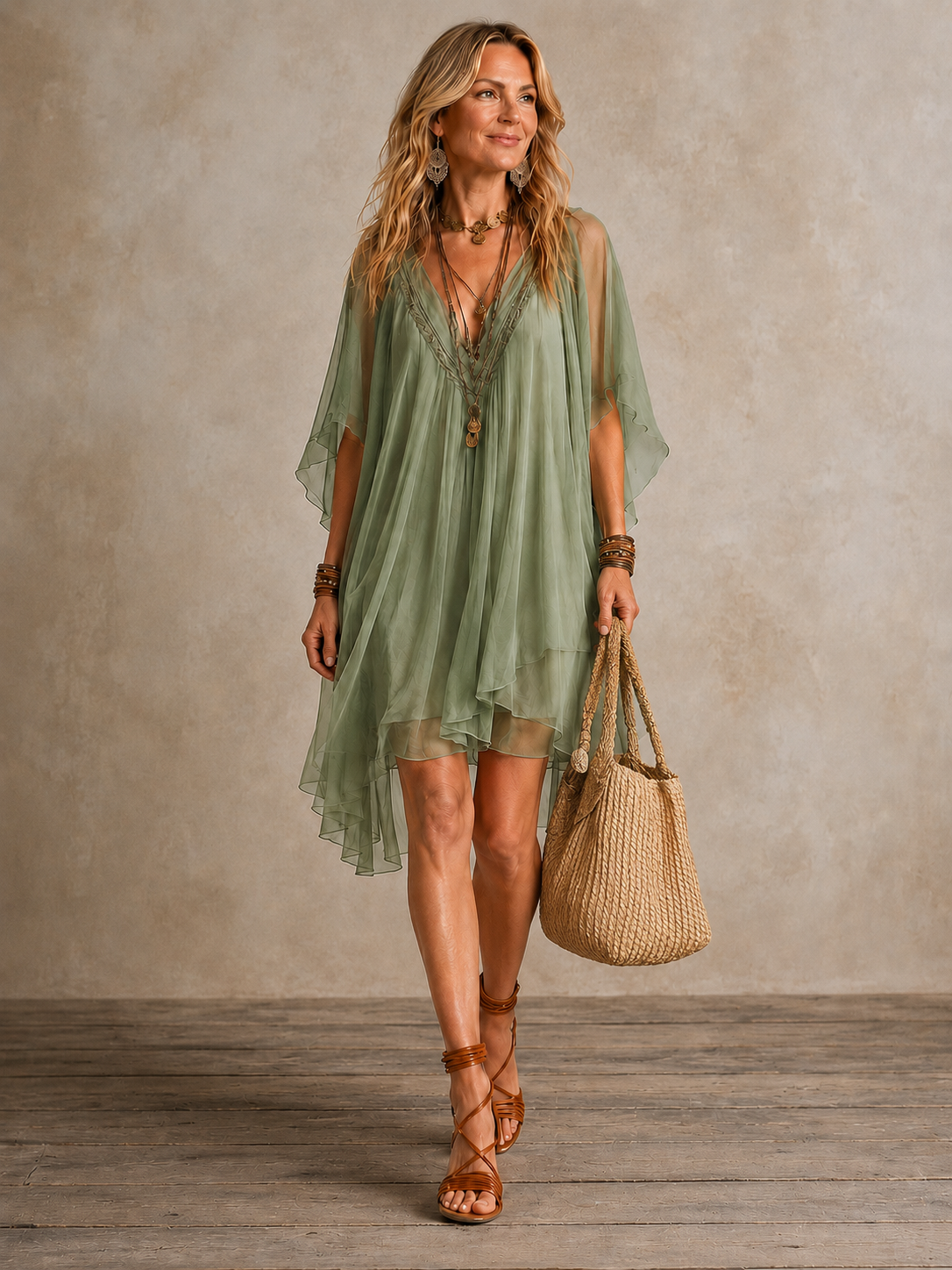 Green tiered boho mini dress with flowing layers