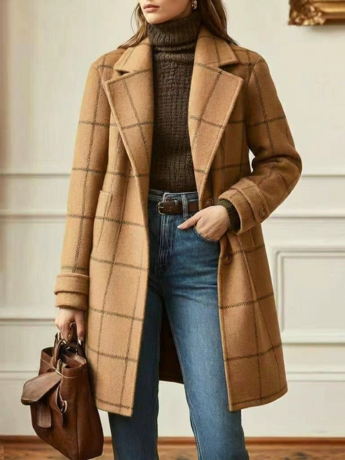 Plaid Wool-Blend Long Coat