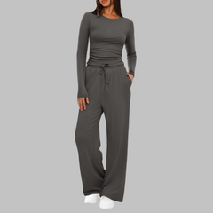 Casual Long Sleeve Top and Wide Leg Pants Set