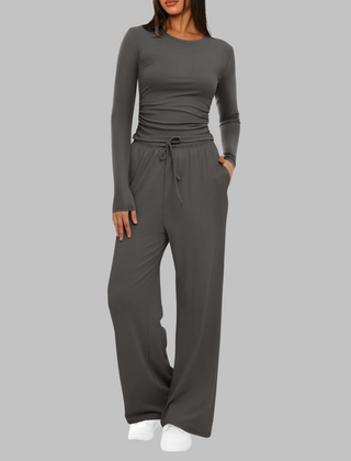 Casual Long Sleeve Top and Wide Leg Pants Set