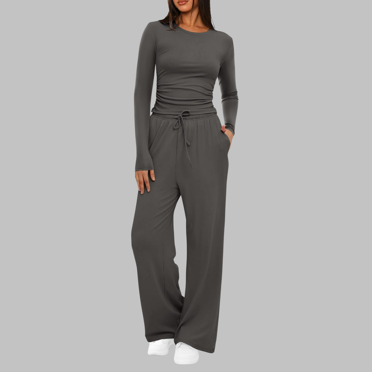 Casual Long Sleeve Top and Wide Leg Pants Set