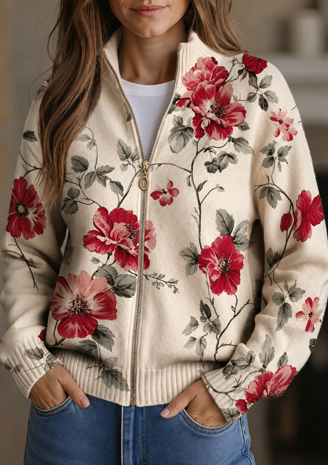 Vintage Rose Print Zip Cardigan