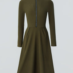 Zip-Front Long-Sleeve Fitted Midi Dress for Women
