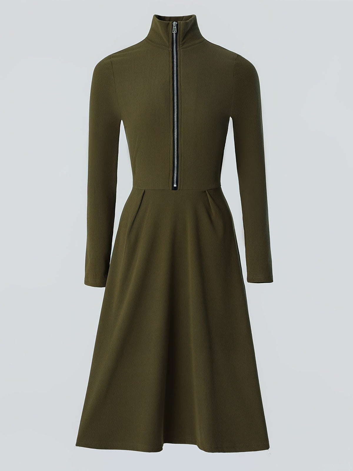 Zip-Front Long-Sleeve Fitted Midi Dress for Women