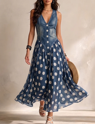 Midi chiffon dress with polka-dot pattern