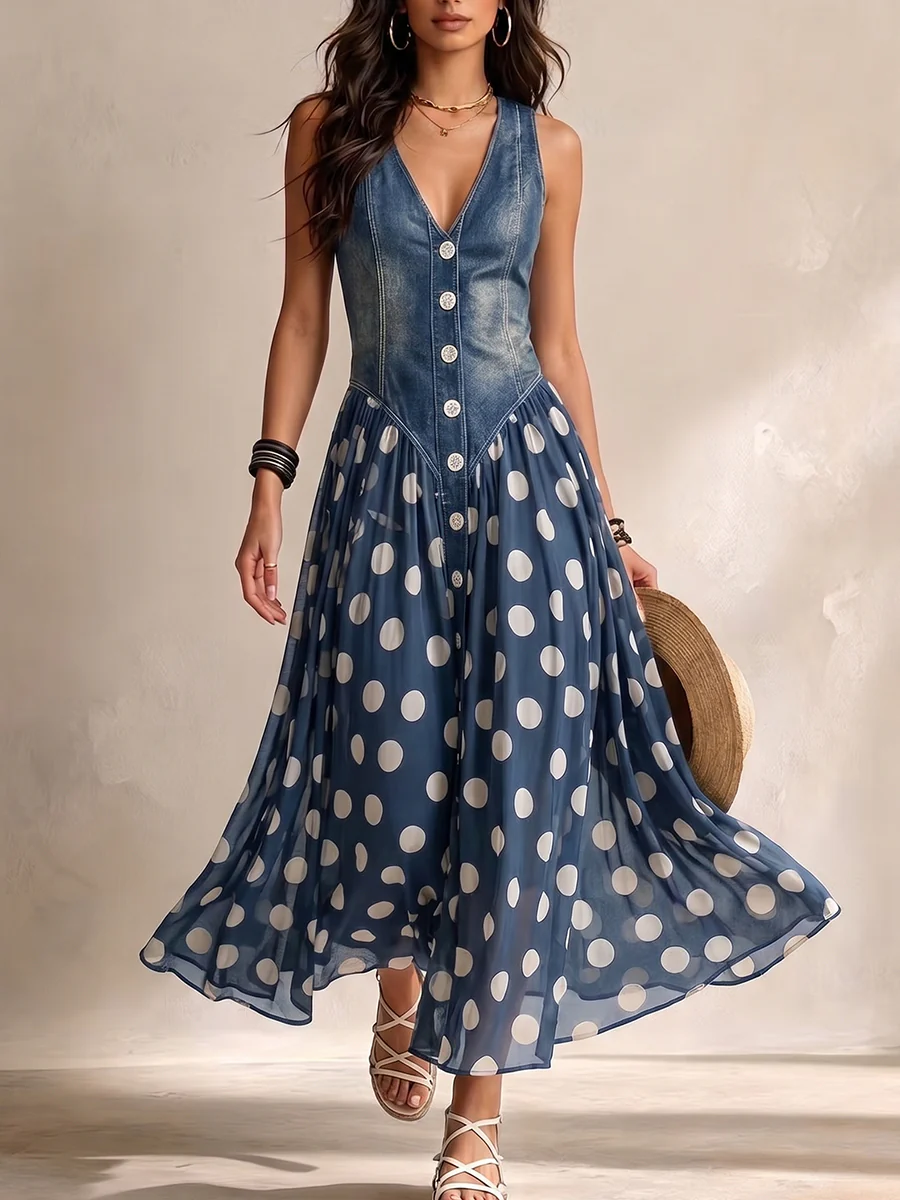 Midi chiffon dress with polka-dot pattern