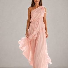 Pink one-shoulder tiered ruffle maxi dress