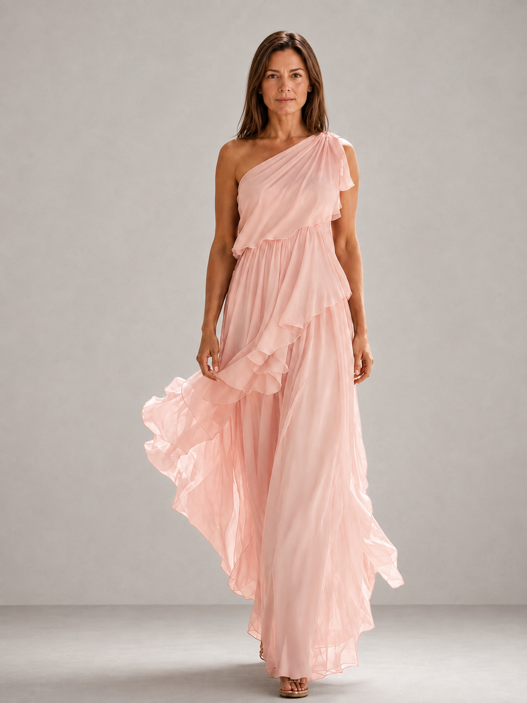 Pink one-shoulder tiered ruffle maxi dress