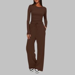 Casual Long Sleeve Top and Wide Leg Pants Set