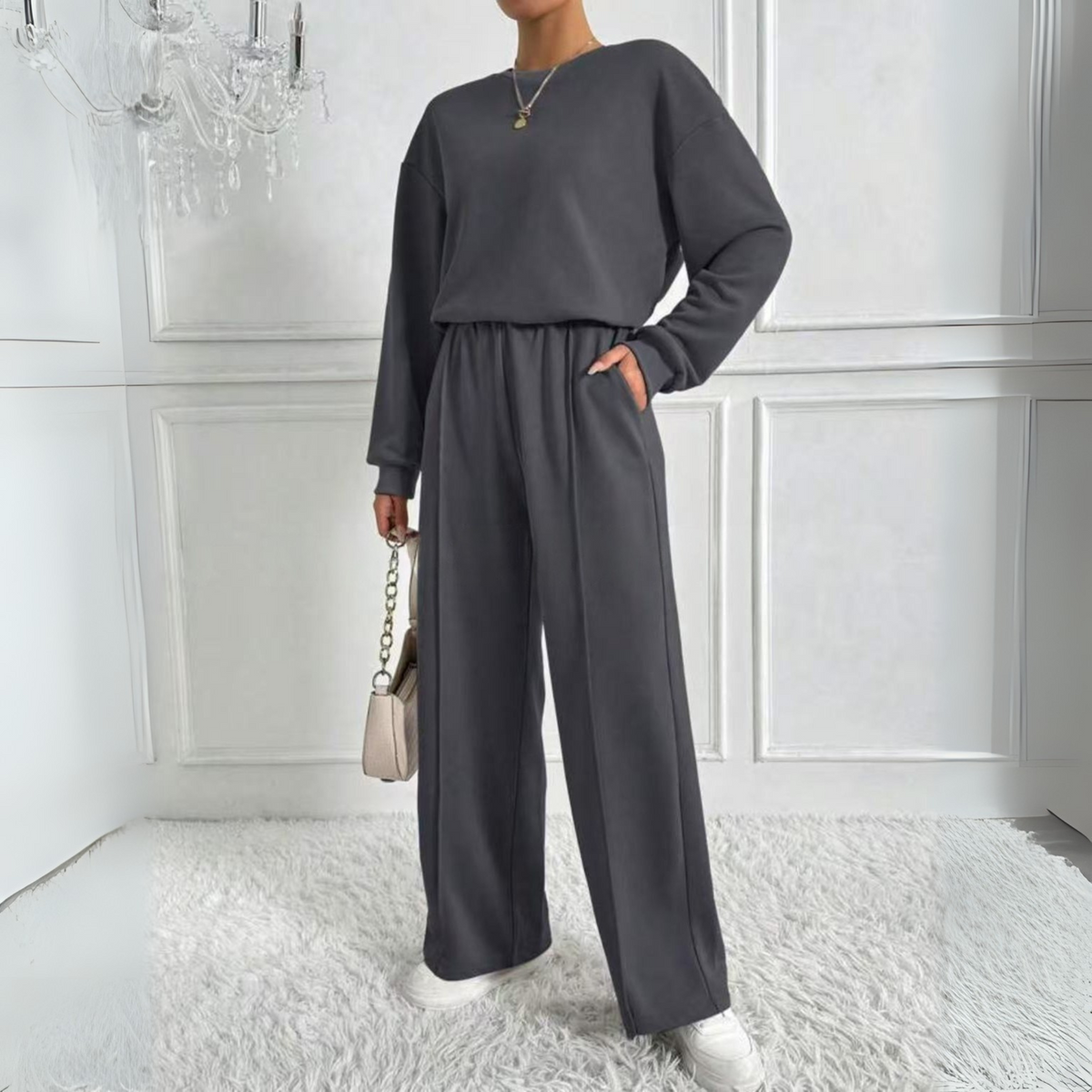 Casual Long Sleeve Sweatshirt and High Waist Pants Set