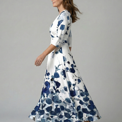 Natalie | Wrap-Neckline Midi Dress with 3/4 Sleeves