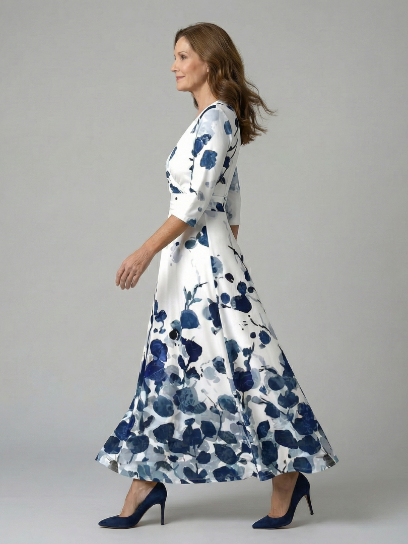 Natalie | Wrap-Neckline Midi Dress with 3/4 Sleeves