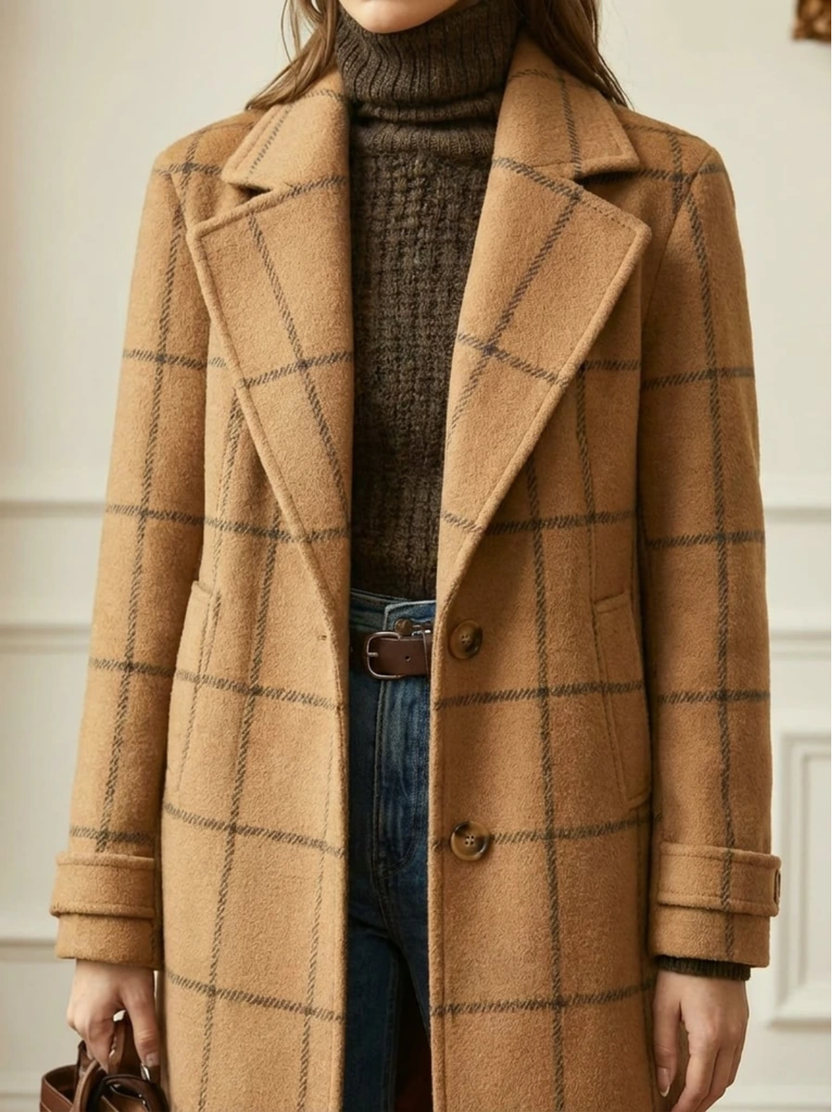 Plaid Wool-Blend Long Coat