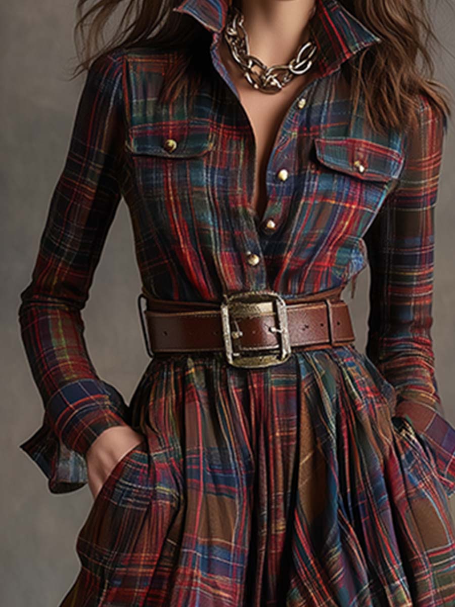 Belted Button-Front Long-Sleeve Maxi Shirt Dress for Women