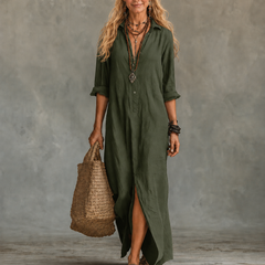 Green button-down maxi dress with long sleeves and collar