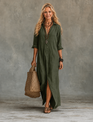 Green button-down maxi dress with long sleeves and collar
