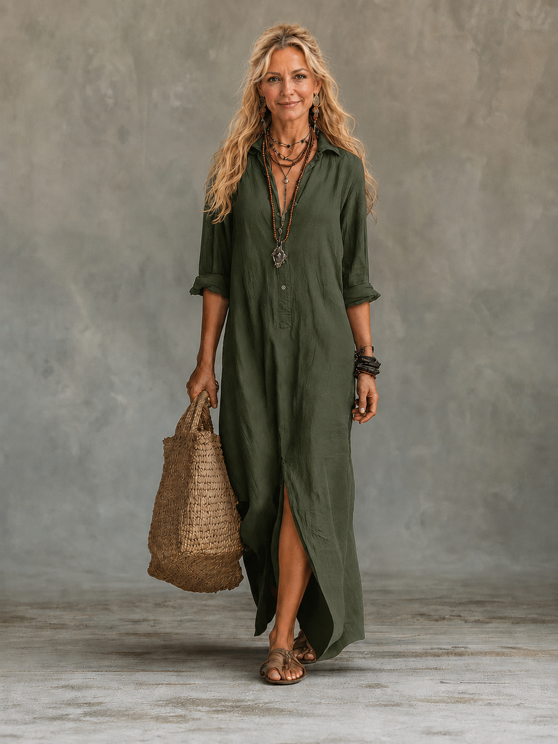 Green button-down maxi dress with long sleeves and collar