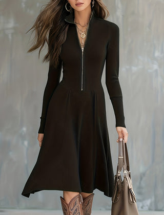 Zip-Front Long-Sleeve Fitted Midi Dress for Women