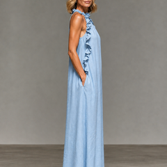 Sleeveless ruffle maxi dress shown in full length