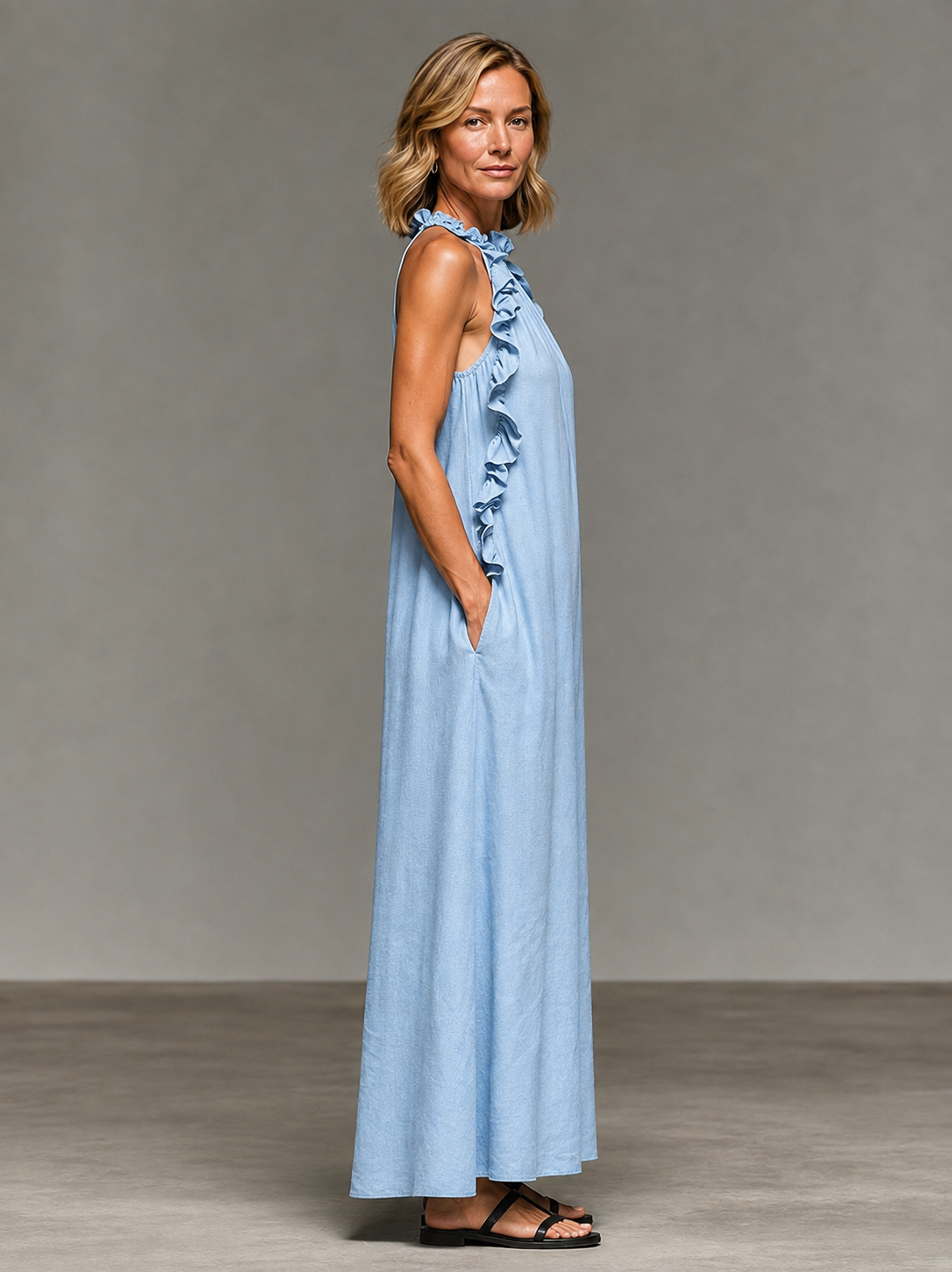 Sleeveless ruffle maxi dress shown in full length