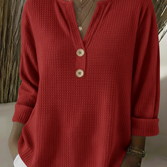 Textured waffle knit button sweater in red