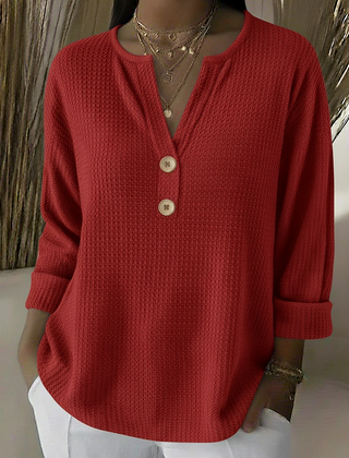 Textured waffle knit button sweater in red