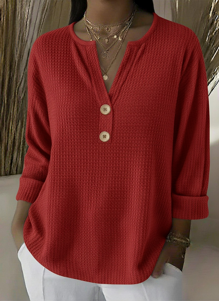 Textured waffle knit button sweater in red