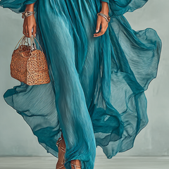 Pleated Sheer-Sleeve Belted Midi Dress for Women