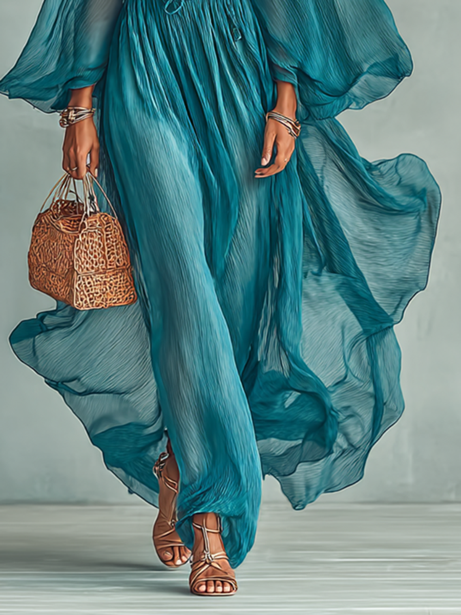 Pleated Sheer-Sleeve Belted Midi Dress for Women