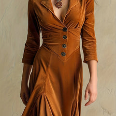 Collared V-Neck Button-Front 7/8-Sleeve Midi Dress for Women