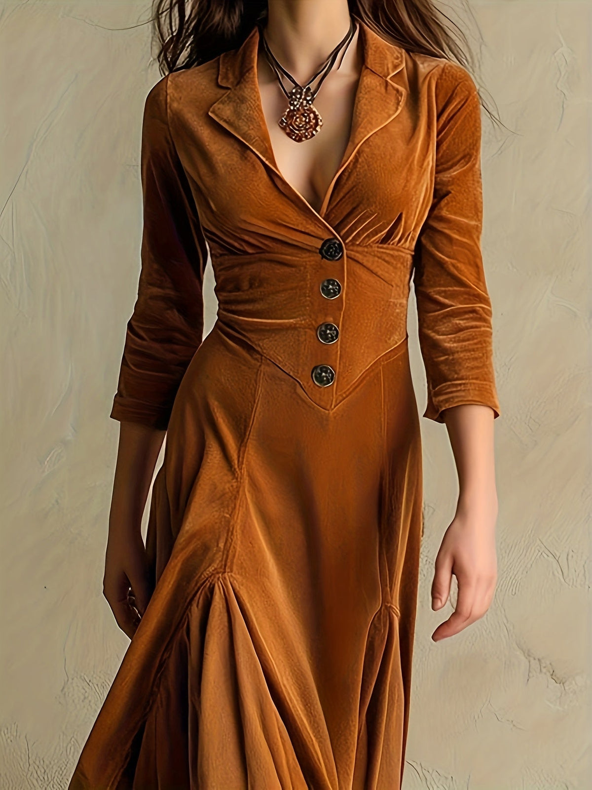 Collared V-Neck Button-Front 7/8-Sleeve Midi Dress for Women