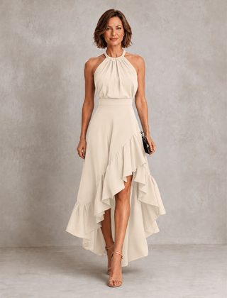 White halter maxi dress with ruffle hem