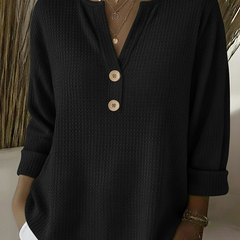 Textured waffle knit button sweater in black