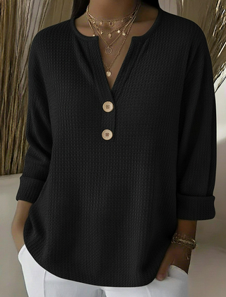 Textured waffle knit button sweater in black