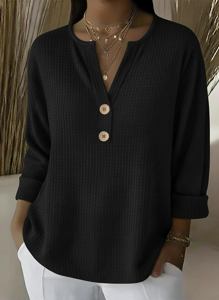 Textured waffle knit button sweater in black