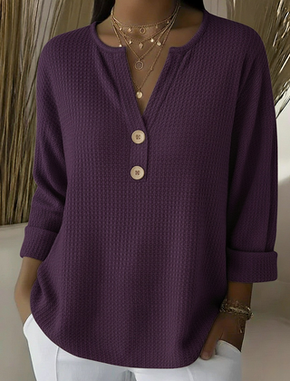 Textured waffle knit button sweater in purple