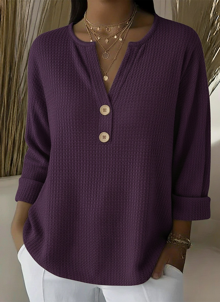 Textured waffle knit button sweater in purple