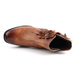 Retro Handmade Floral Leather Solid Color Ankle Boots