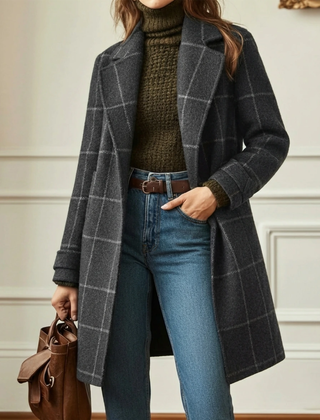 Plaid Wool-Blend Long Coat