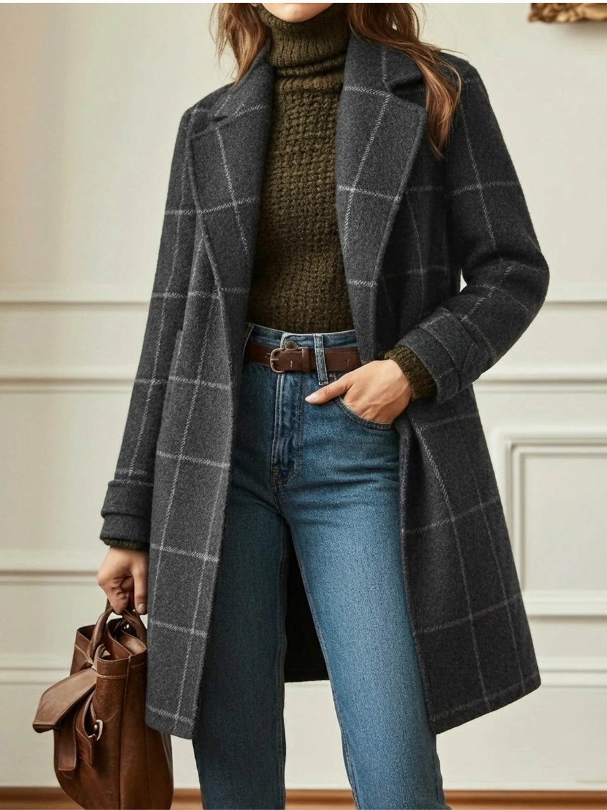 Plaid Wool-Blend Long Coat