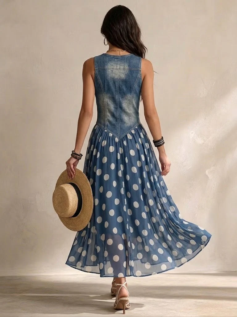 Midi chiffon dress with polka-dot pattern