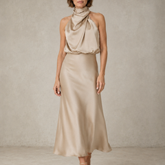 Beige halter satin evening dress