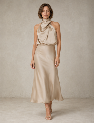 Beige halter satin evening dress