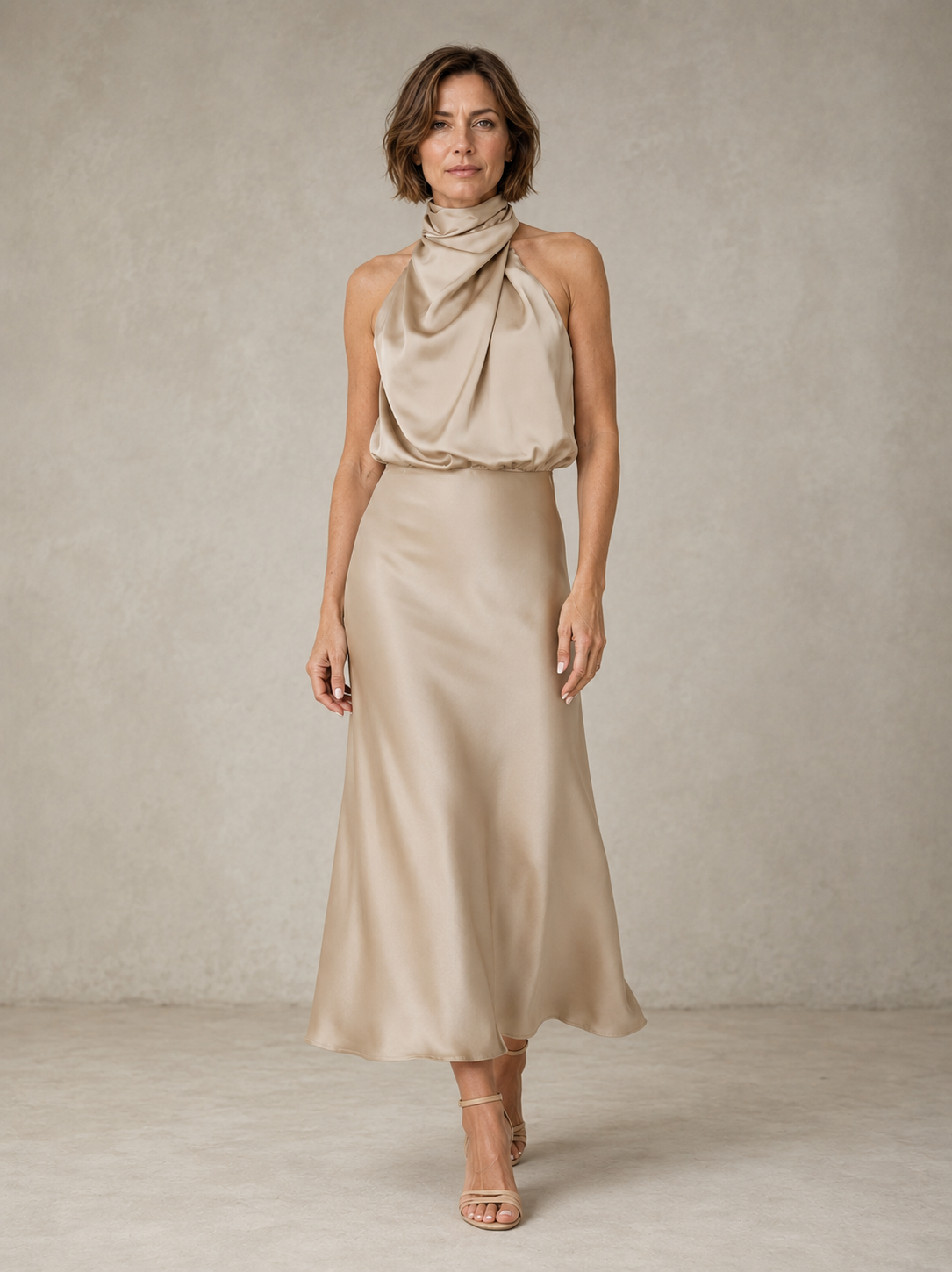 Beige halter satin evening dress