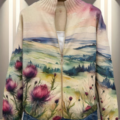 Scottish Thistle Landscape Zip Cardigan