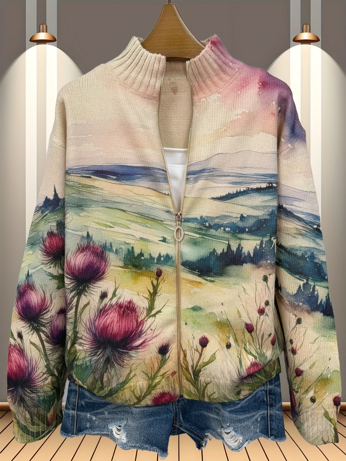 Scottish Thistle Landscape Zip Cardigan